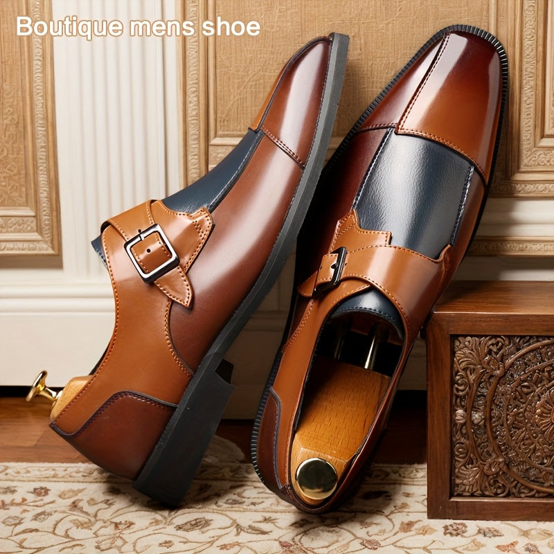 Men's Fashionable Color Block Dress Shoes - Stylish Business Casual Oxfords with Square Toe, Double Monk Straps & Heel Buckle, Versatile for Casual Attire