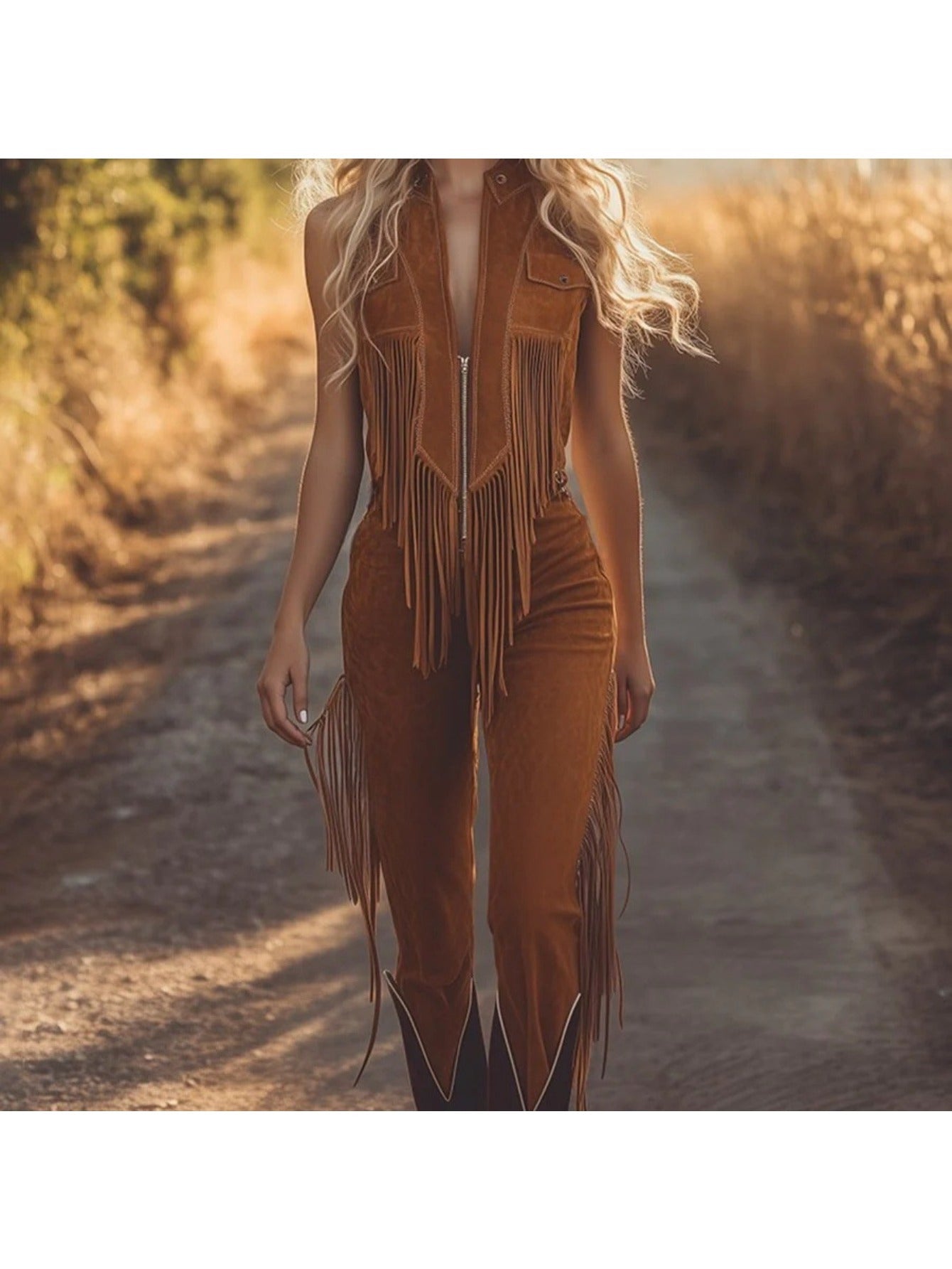 Women's 2025 Retro Western Fringe Brown Denim Vest Jumpsuit - All-Season Casual Overalls with Fringe Trim, Pockets & Belt, Machine Washable Solid Brown Cowboy Outfit for Themed Events, Casual Attire & Western Parties, Non-Str