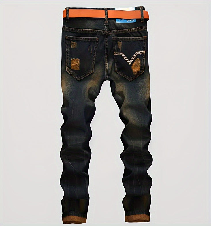 European And American Personalities Make Old Straight Retro Tide Pants Men'S Ripped Jeans
