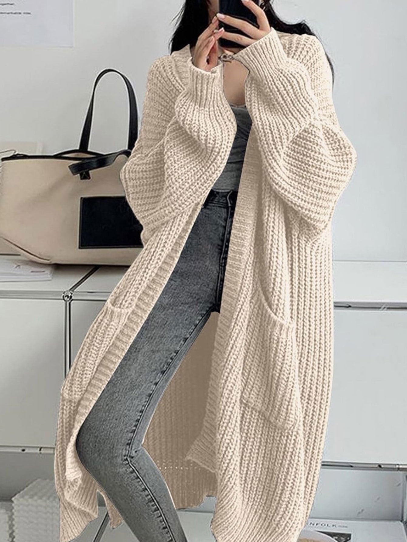 2025 Women'S Casual Long Sleeve Open Front Sweaters with Pockets in Plain Rib for Autumn, Long Cardigan For Women, Women'S Cardigan, Winter Clothe For Women, Fall Clothe For Women, Top For Women