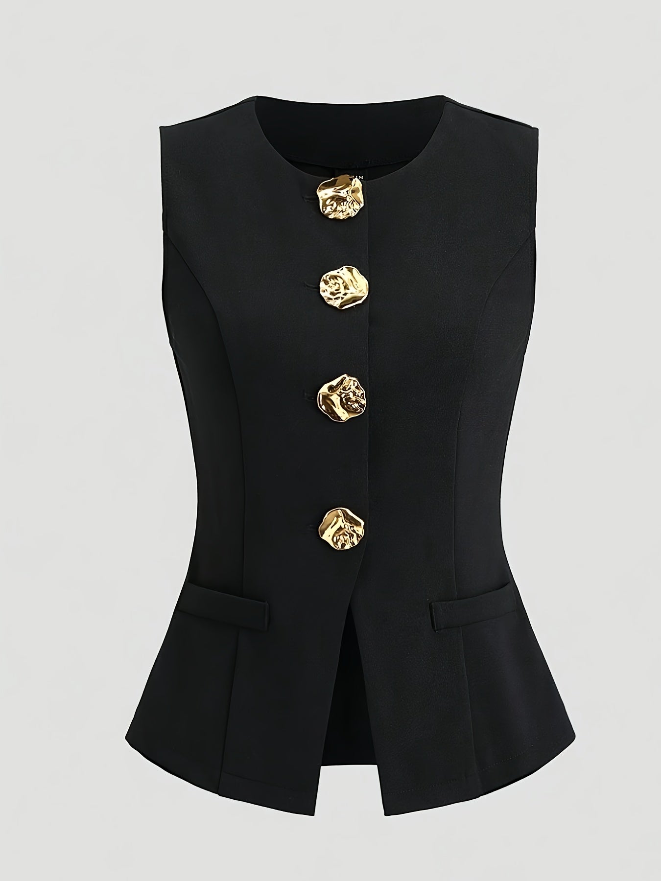 Women's French Chic Blazer - Sleeveless coat with Metallic Buttons, Structured Black Jacket for Business, Formal Events - Machine Washable Women's Professional Outerwear, Seasonal Wardrobe Staple, Office Wear, Elegant Style,