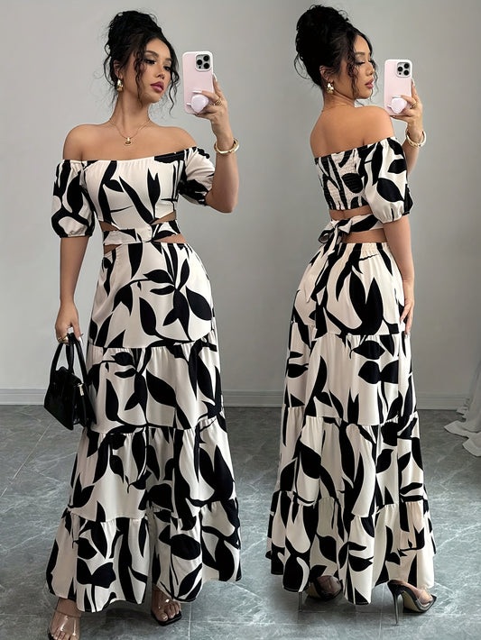 Women's Elegant Off-Shoulder Floral Print Ruched Waist Long Dress - Lightweight Machine-Washable Non-Stretch Fabric for Summer Parties, Vacations & Casual Outings, Ditsy Floral Print Dress, Vacation Outfit, Twist Front Style,