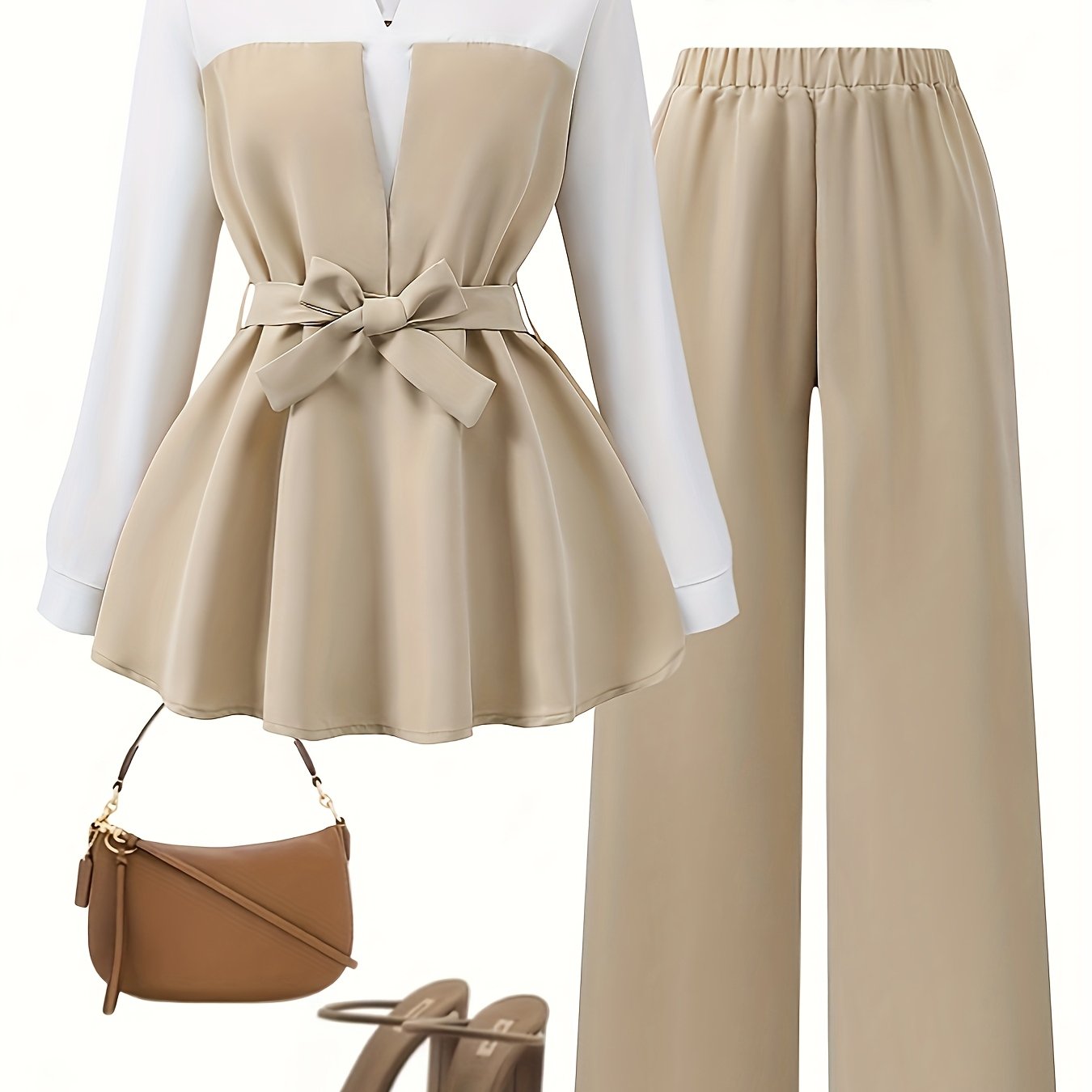For The 2025 Elegant Vacation New Collection, Here'S A 2pcs Set Of Long-sleeved Shirt And Pants for Casual Wear And Commuting, Featuring Bowknot Details, Color-blocking, And Splicing Designs
