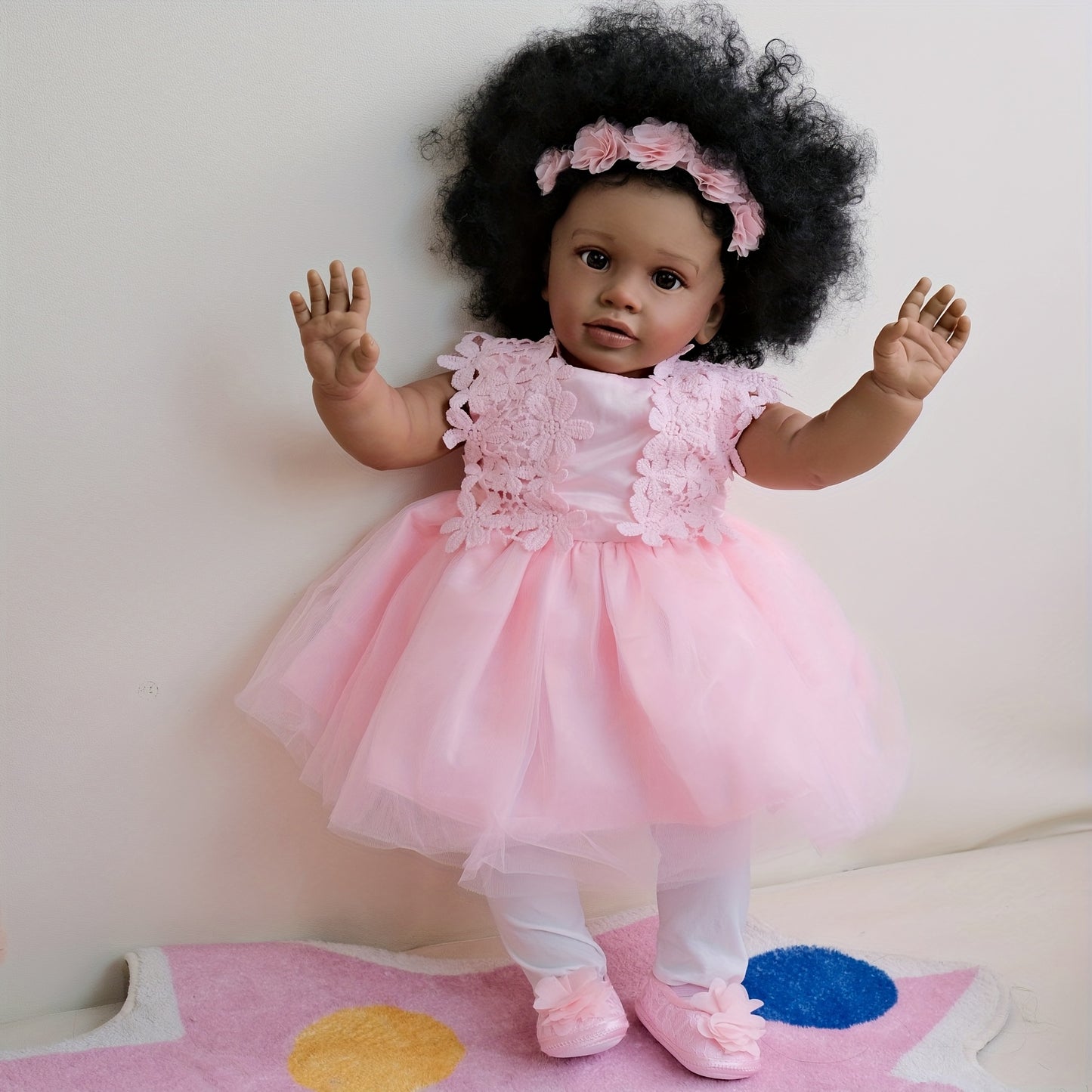 [Realistic Reborn Baby Doll] 26" African American Black Realistic Reborn Baby Doll with Rooted Curly Hair, Expressive Eyes & Lifelike Light Beige - Newborn Girl Doll with Outfit & Diaper - Ideal Gift for Girls Age 3+ (Vinyl &