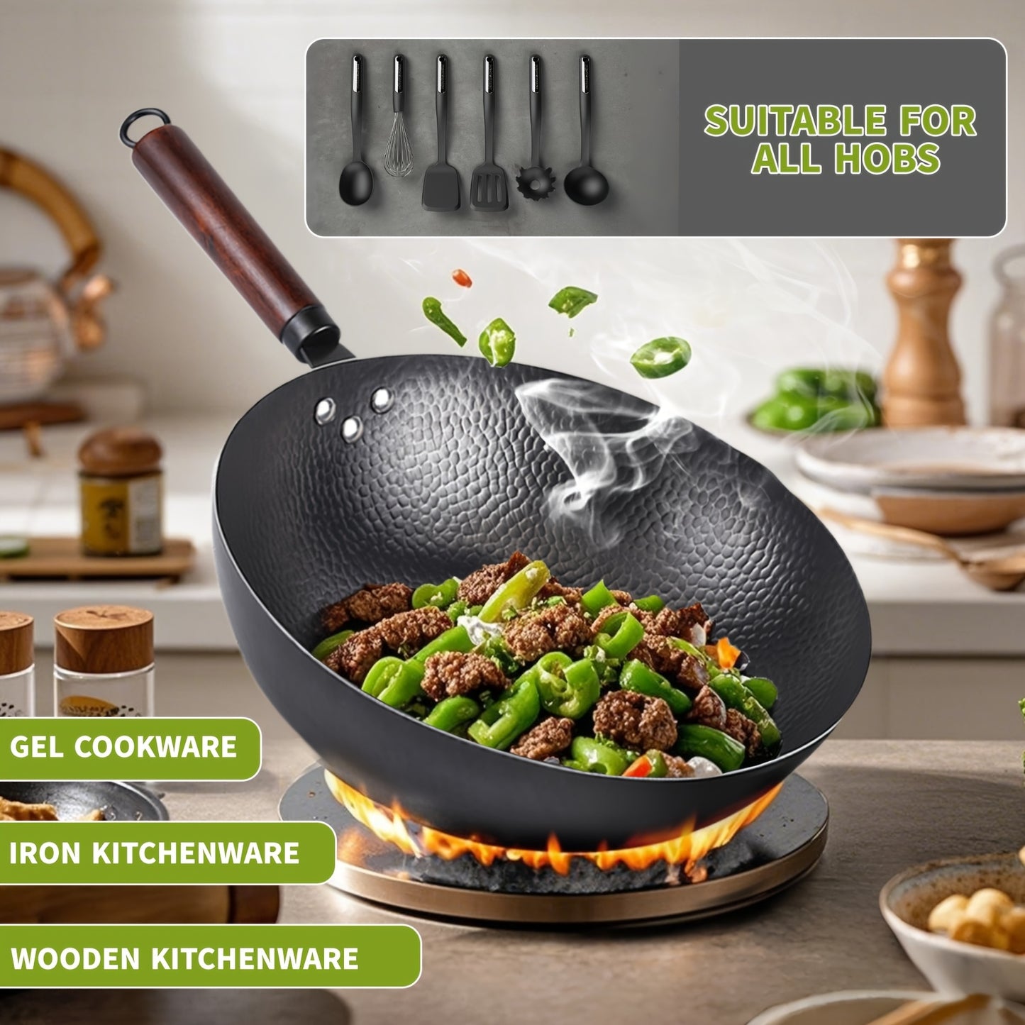 13.4 Inch Hand-Forged Cast Iron Wok with Lid & Spatula - Non-Stick, Durable Carbon Steel for Electric, Induction & Gas Stoves - Perfect for Stir-Fry, Steak & More - Includes User Guide Video, Kitchen Essential | Traditional K