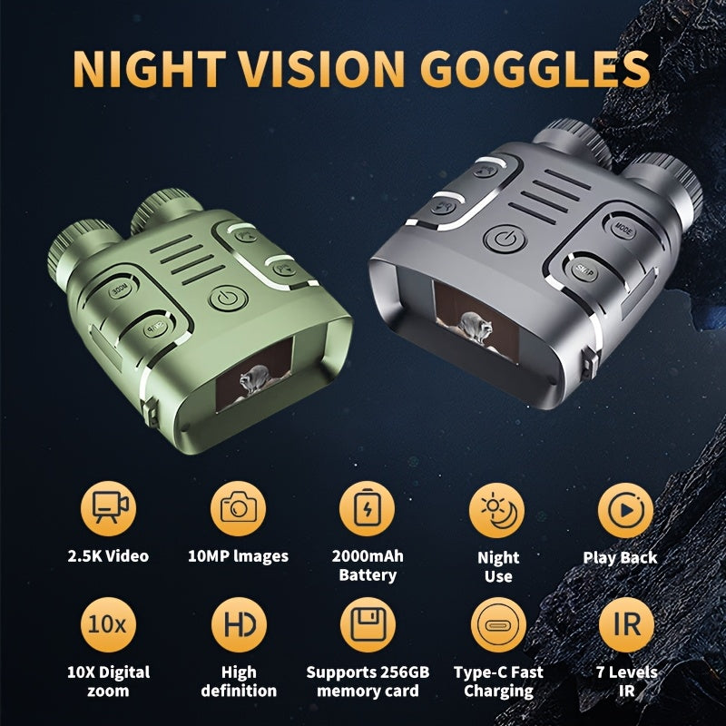 10X Digital Zoom Night Vision Binoculars with Infrared, 2.5K CMOS Sensor, 2.4" Display, 800m Viewing Distance, USB Rechargeable, Ideal for Hunting & Boating - Available in Black, Green, Gray, Binoculars for Hunting