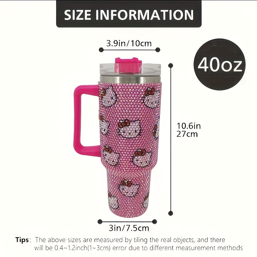 1pc Hello Kitty 40oz Stainless Steel Insulated Water Bottle with Rhinestone Tumbler Lid, Cute Pink Kitty Cat Handle & Straw - BPA-Free Thermos for,, Women, Birthday/Christmas/Valentine's Gift, Hot/Cold Drink Thermos, Drink Bo
