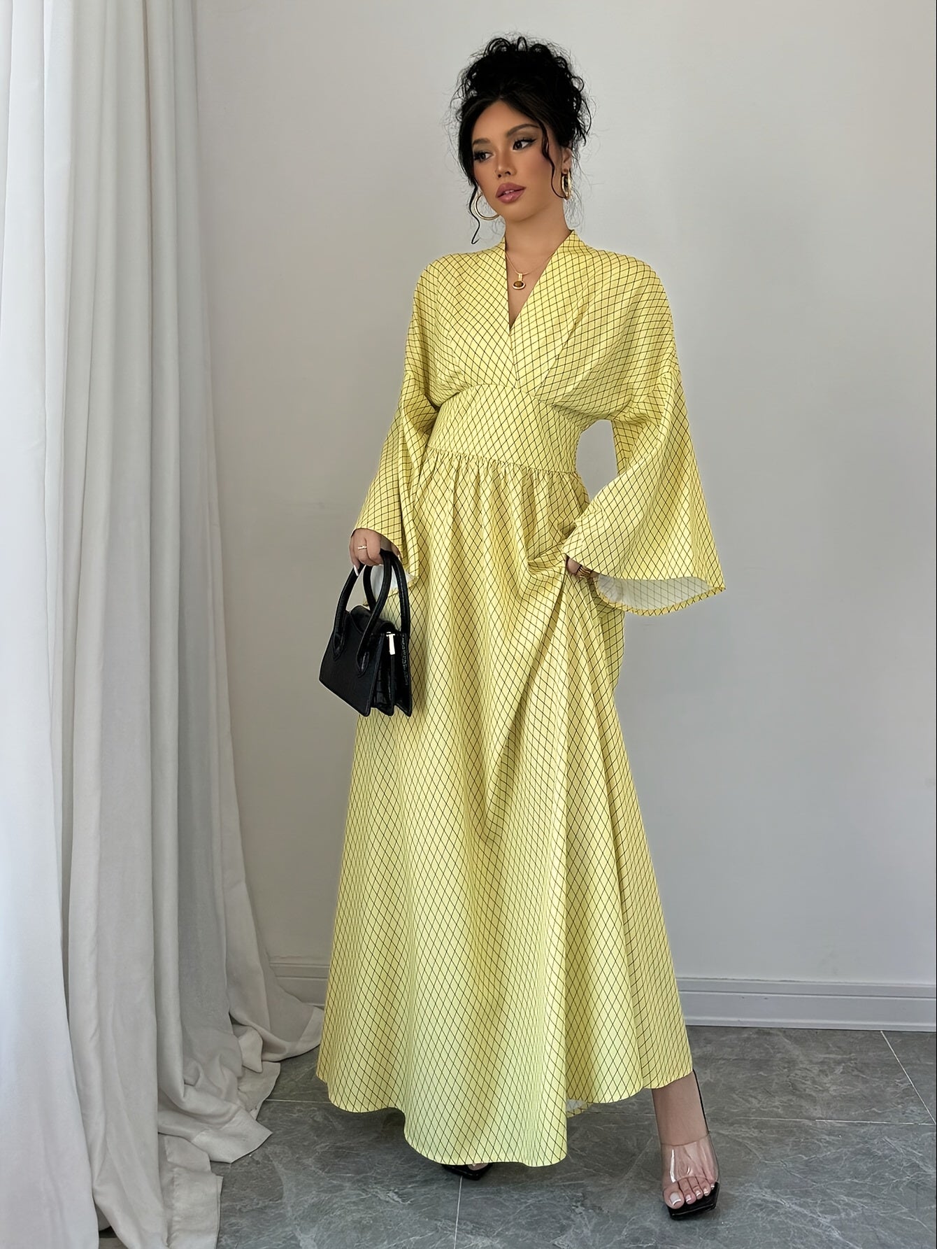 Long Sleeve Dress Women'S Batwing Sleeves V Neck Pleated Waist Flowing Dress Geometric Style Autumn Cocktail Party Evening Dress