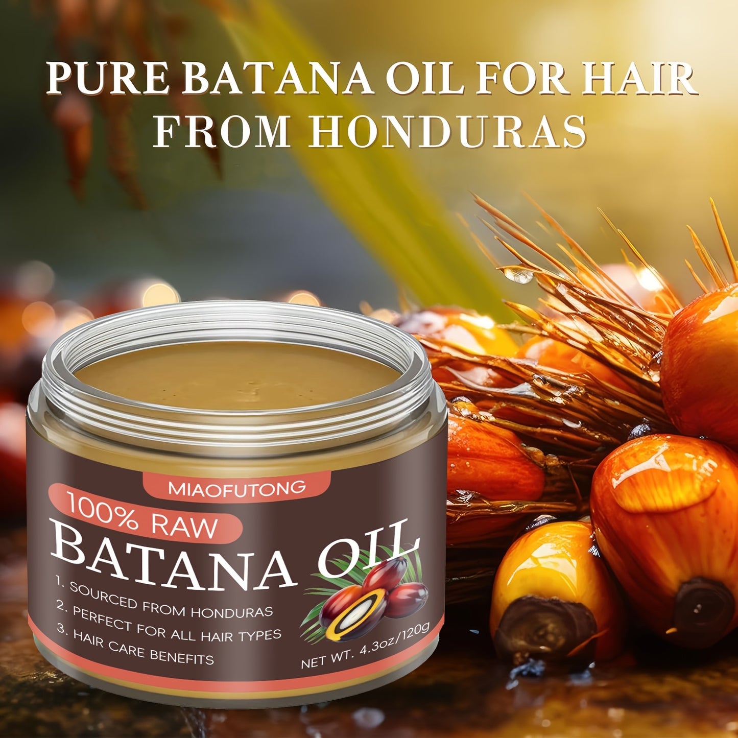 Miaofutong 100% Raw Batana Oil - Moisturizing & Smoothing Hair Treatment for Dry, Damaged Hair - Scalp Nourishment, Suitable for All Hair Types - 4.3oz/120g, Hair Treatment Oils
