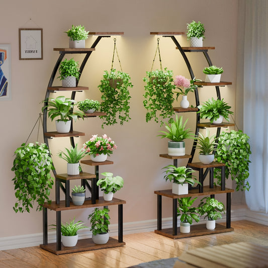 [Indoor Plant Stand] 2pcs Brown 9 Tiered Metal Corner Plant Stand Indoor with Grow Lights, 63" Tall Large Ladder Plant Rack Display Shelves, Corner Plant Holder Suitable for Living Room, Patio, Balcony, Corridors