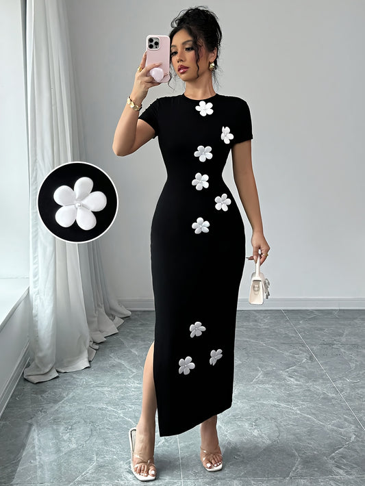 Elegant A-Line Black Dress with White Floral Appliqués & Side Slit - Stretchy Fabric, Machine Washable, All-Season Women's Formal & Casual Dress, Occasion Wear, Nontransparent Fabric