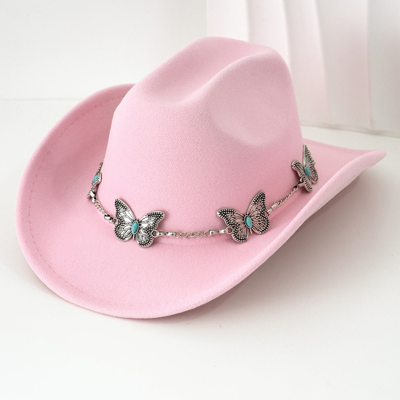 [Western Cowgirl Hat] 1pc Western Cowgirl Hat | Lightweight, Polyester, Woven, Fedora Style with Silvery Metal Butterfly, Ideal for Western Themed Events & Grassland Music Festivals