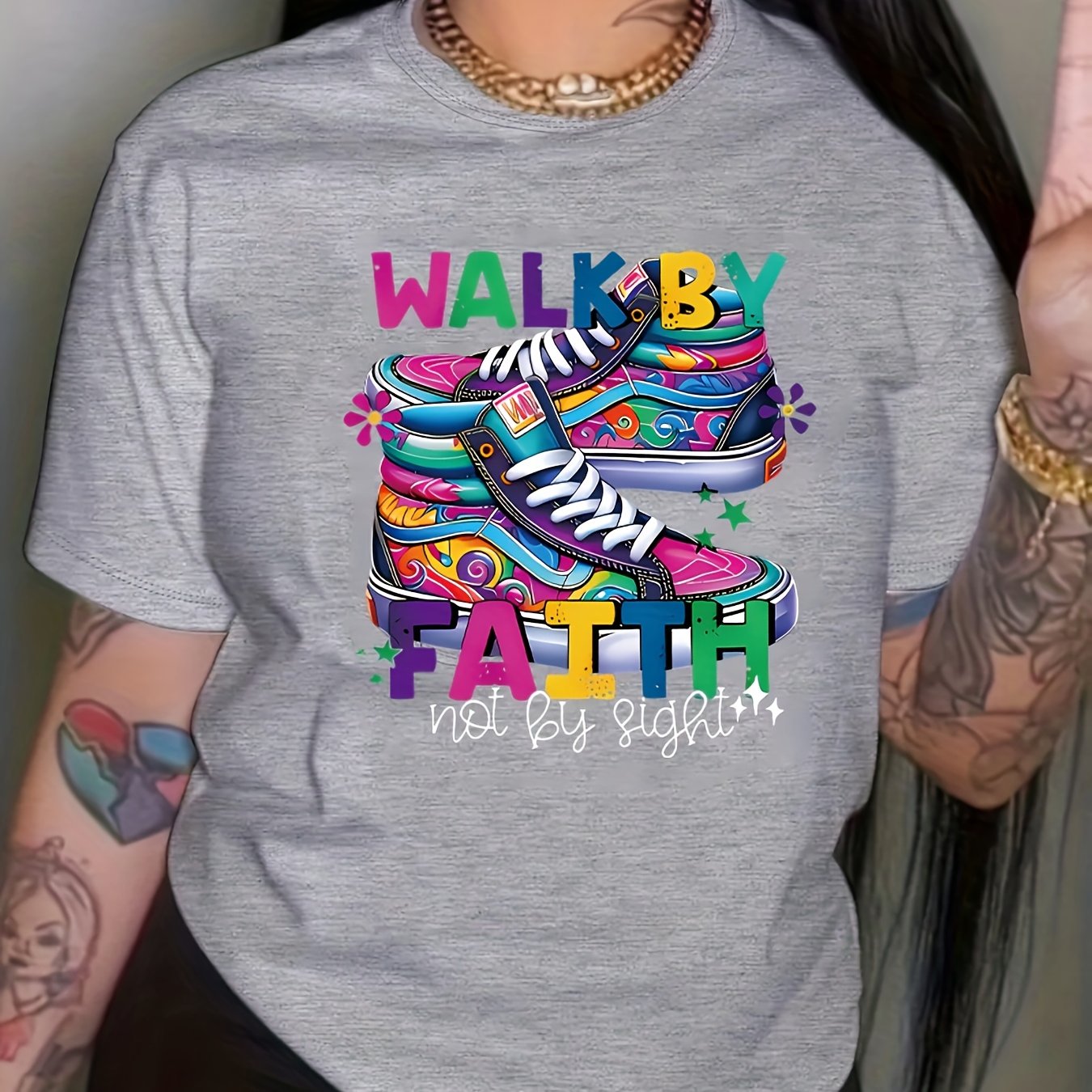 Soft, Breathable Plus Size Women's 'Walk By Faith' Graphic Tee - Casual Short Sleeve T-Shirt for Spring & Summer