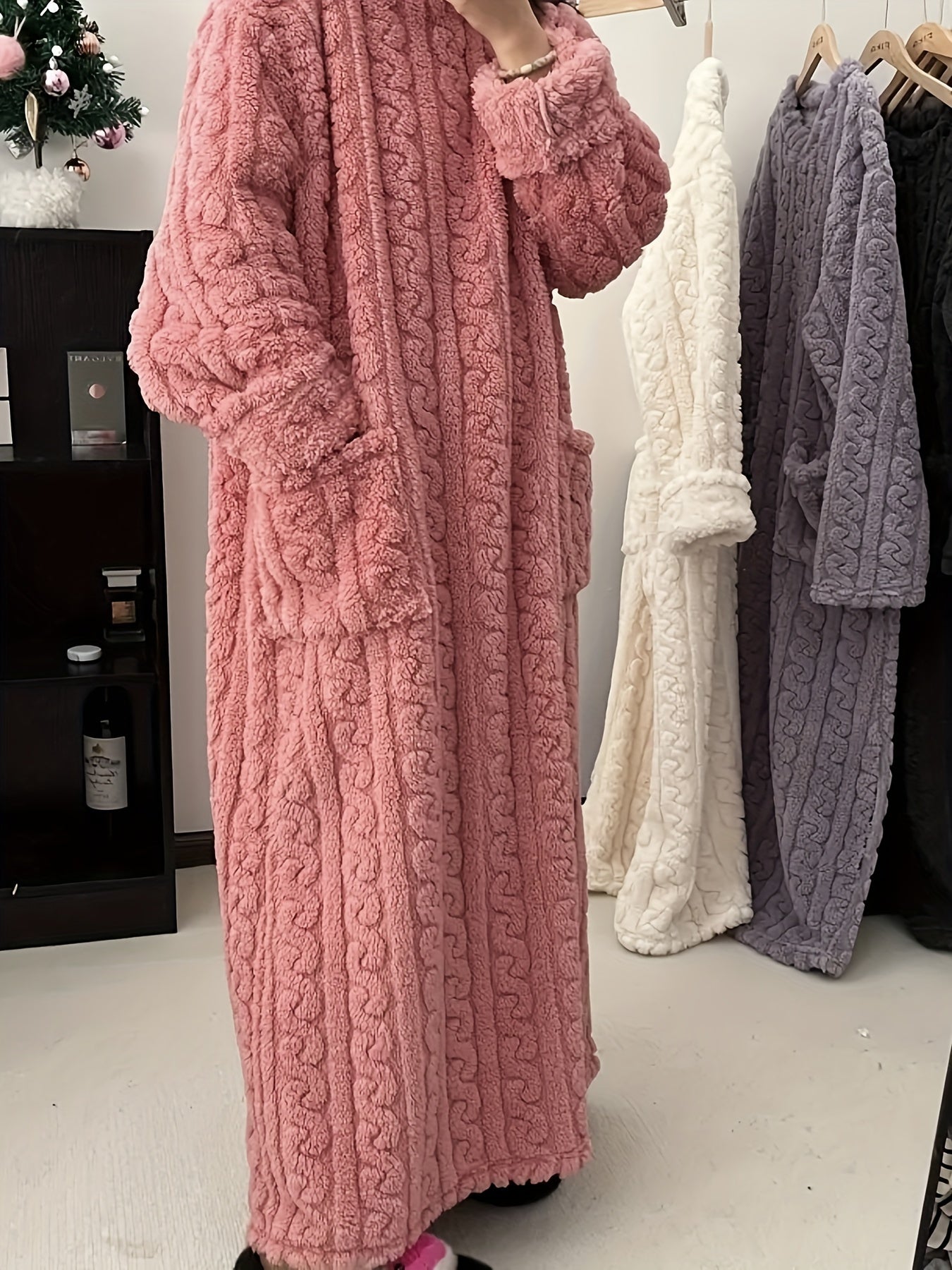 [Ultra-Soft Sleeprobe] Ultra-Soft Women's Heavy-Duty Coral Fleece Sleeprobe | Long Robe with Pockets, Non-Sheer Winter Nightgown for Cold Weather, Machine Washable Loungewear for Home, Spa, Lounge - Plush Robe, Cozy Home Atti