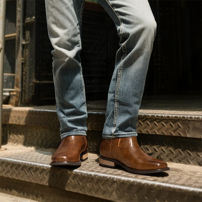 Bruno Marc Men's Slip-On Western Cowboy Boots with Chic Cloud Pattern & Orange Flame-like Toe - Non-Slip TPR/Rubber Sole, Comfortable PU Upper, Retro Square Toe - All-Terrain Riding, Masquerade & Party Boots for Men (Easy Sli