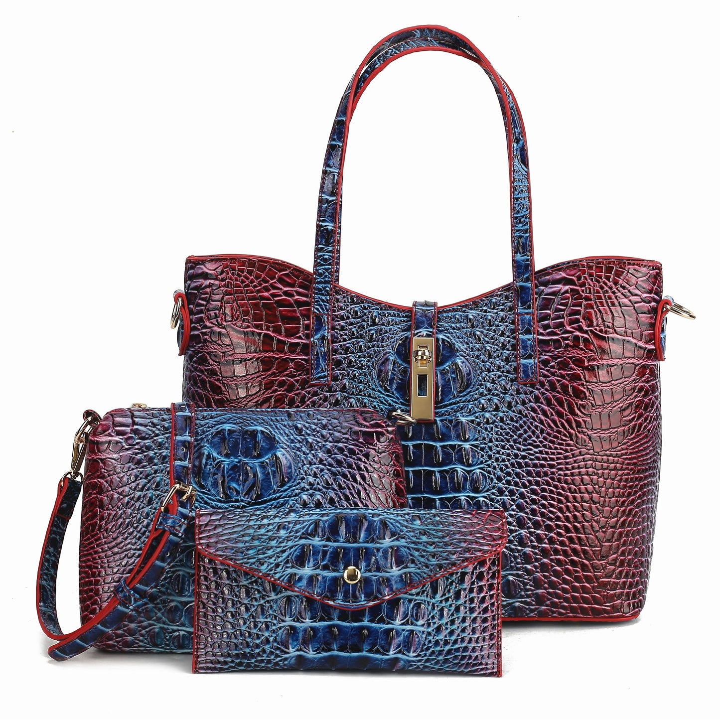 3pcs Set: Colorful Crocodile Pattern Large Capacity Faux Leather Tote & Crossbody Bags With Matching Wallet Combo, Christmas, Mother'S Day Gifts, Halloween Gifts