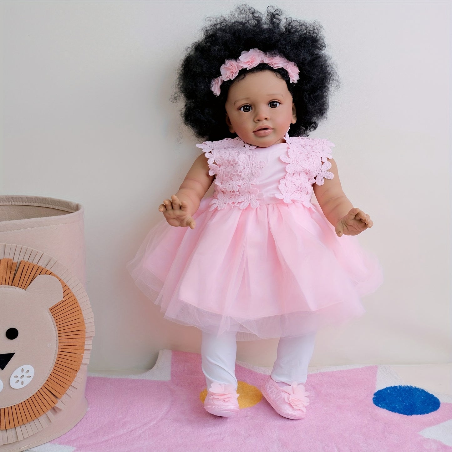 [Realistic Reborn Baby Doll] 26" African American Black Realistic Reborn Baby Doll with Rooted Curly Hair, Expressive Eyes & Lifelike Light Beige - Newborn Girl Doll with Outfit & Diaper - Ideal Gift for Girls Age 3+ (Vinyl &