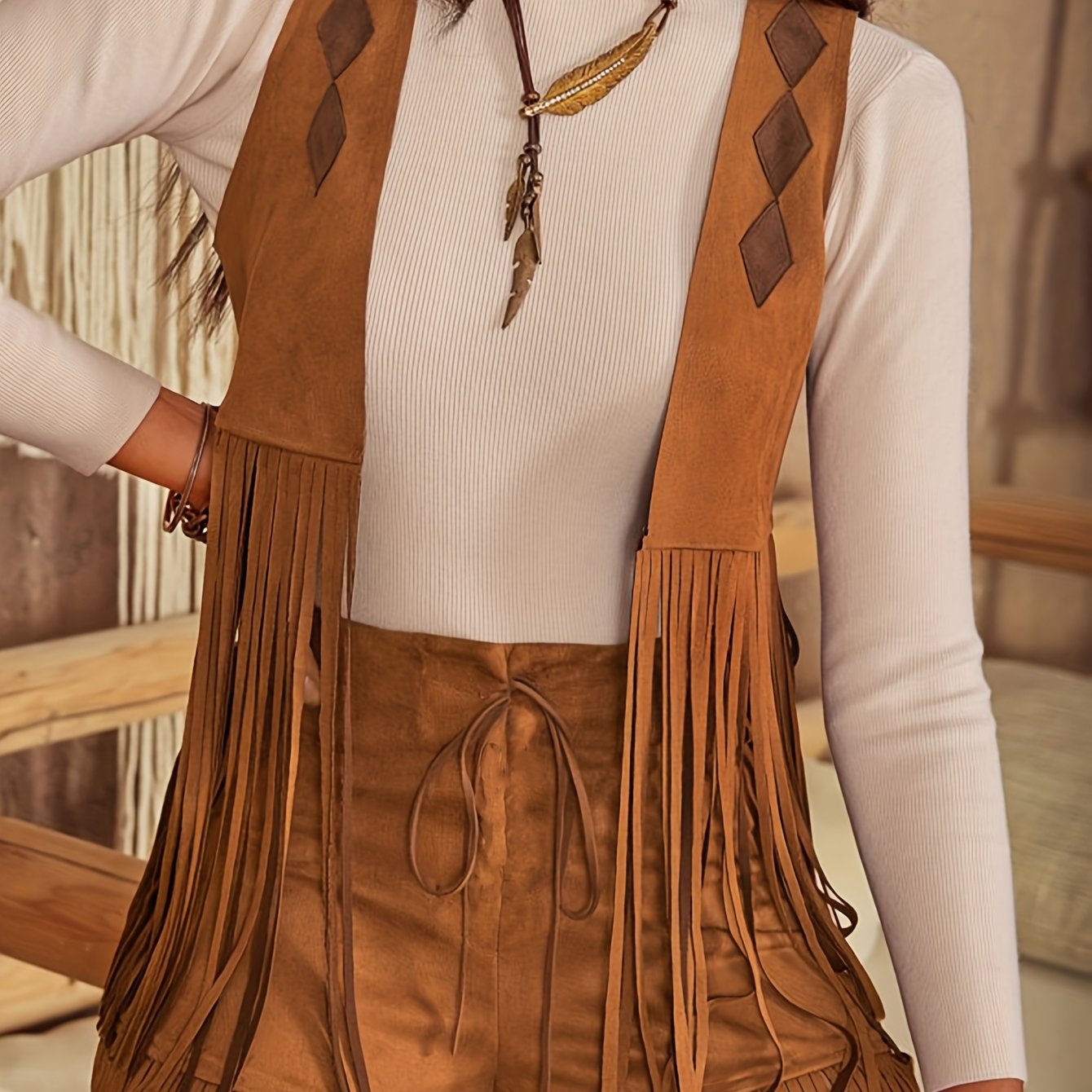 Women's Retro Western Style Imitation Suede Tassel Vest and Shorts Two-Piece Set