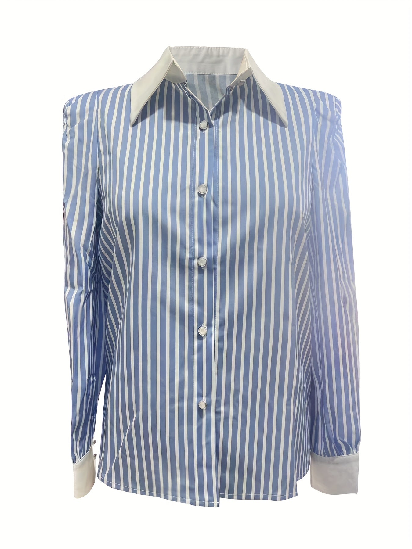 Gavin Women's Casual Long Sleeve Shirt - Blue & White Striped Button-Up Blouse with Pointed Collar, Relaxed Fit, Machine Washable, All-Season Versatile Top, Seasonal Fashion | Classic Collared Blouse | Goldtone Accents