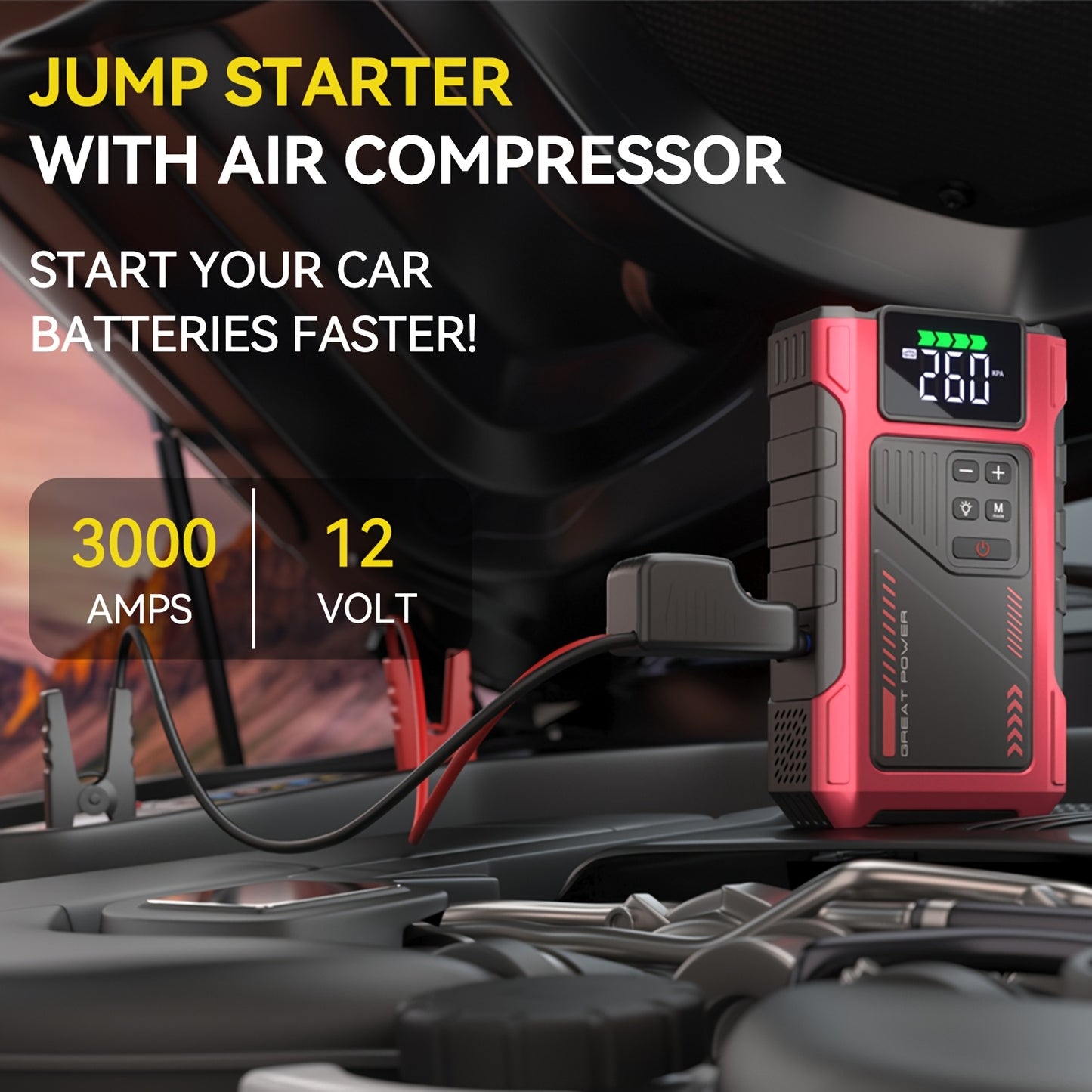 Portable Car Air Compressor & Jump Starter with LED Emergency Light, 3000A Peak Power, 12V for Gas/Diesel Engines, USB Input/Output, Digital Tire Inflator, Red, Insulated Material, Fast Charging, Car Accessories Tools, Vehicl