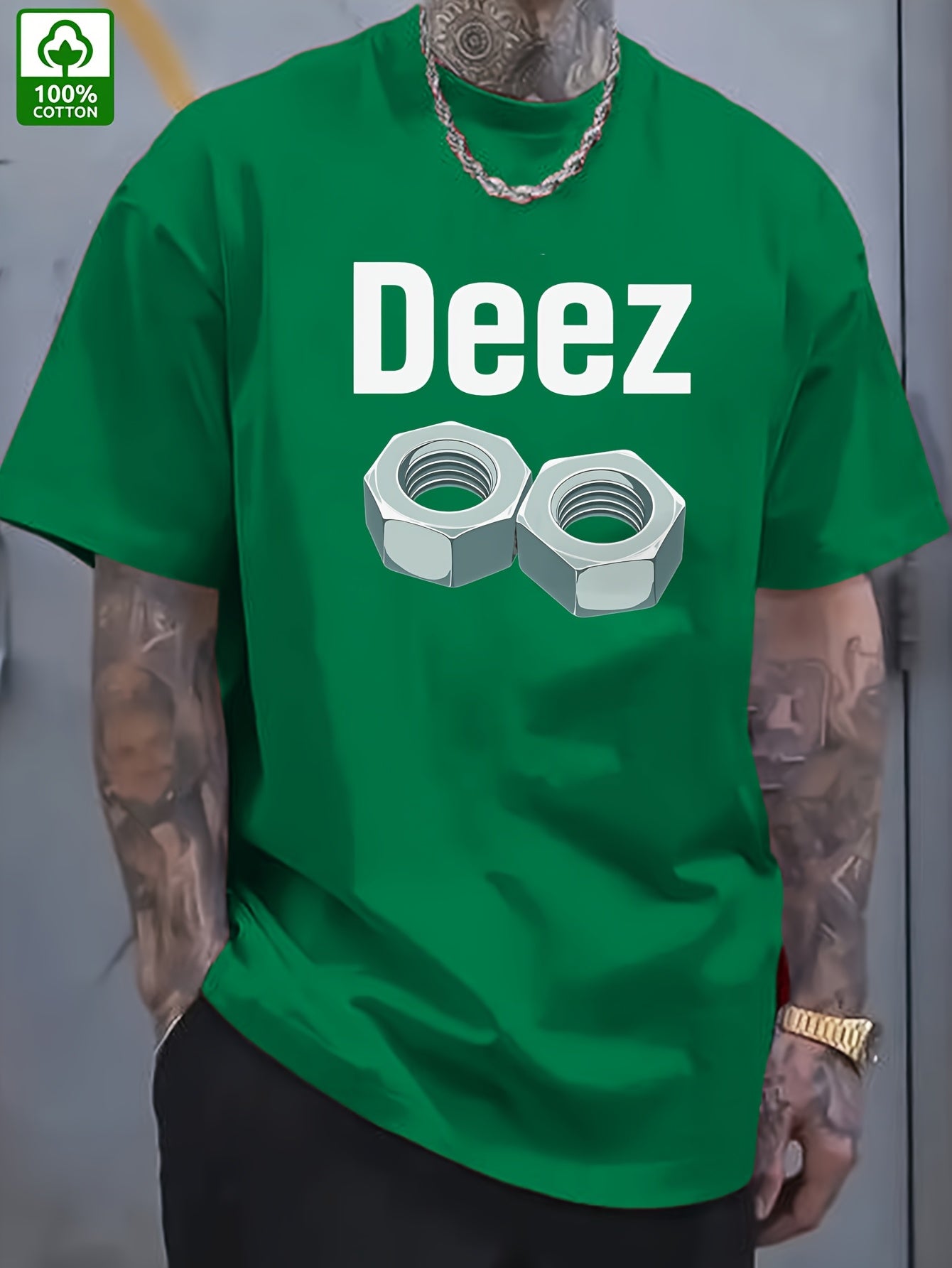 Men's Casual Loose Fit Round Neck T-Shirt - White Tee with Bold "Deez" Text & Nut Graphics, Machine Washable Streetwear Top for Everyday Comfort