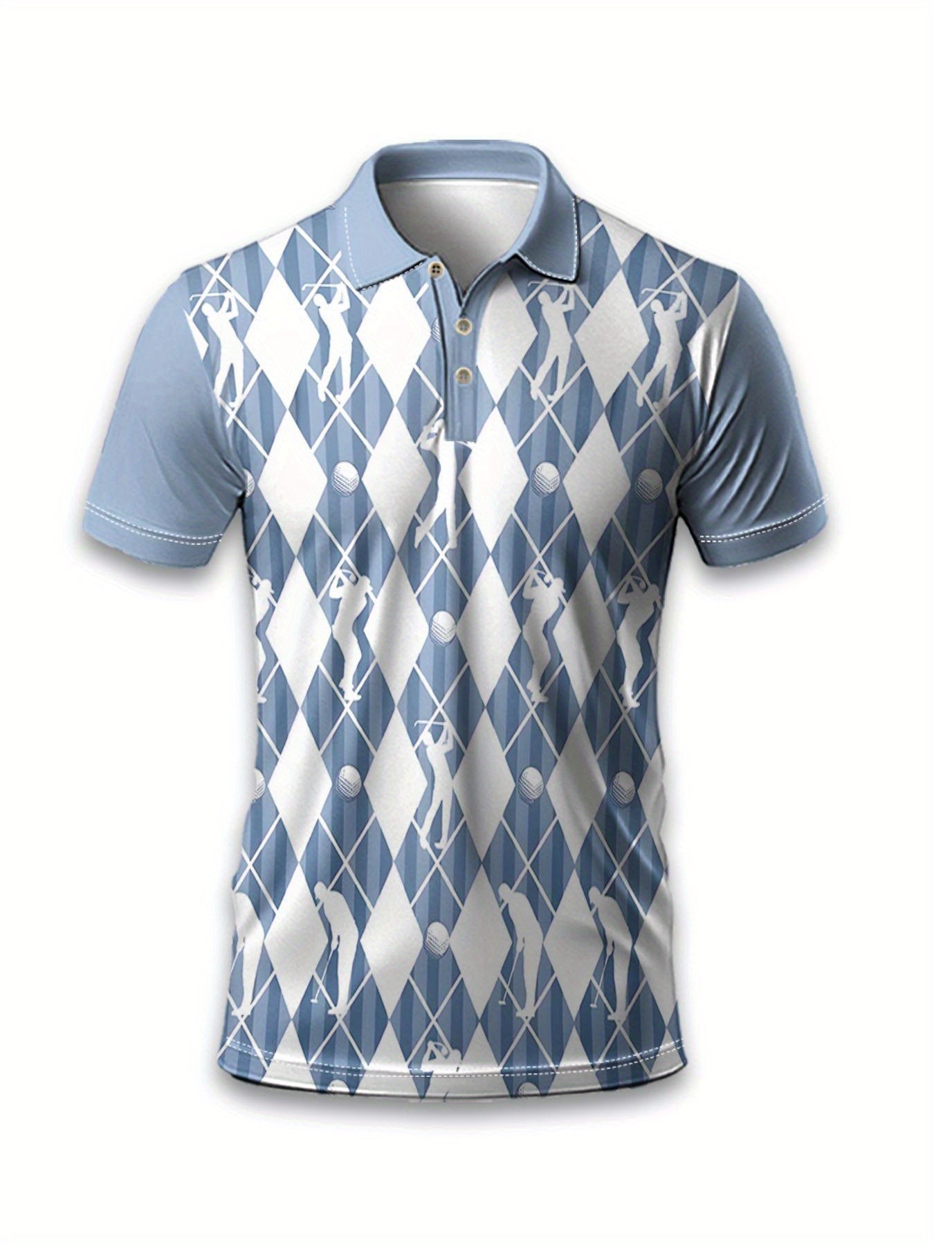 Men'S Stylish Diamond Grid & Golf Swing Print Short Sleeve Shirt - Light Blue & White Collar, Regular Fit Casual Sports Top for Spring/Summer Outdoor Activities
