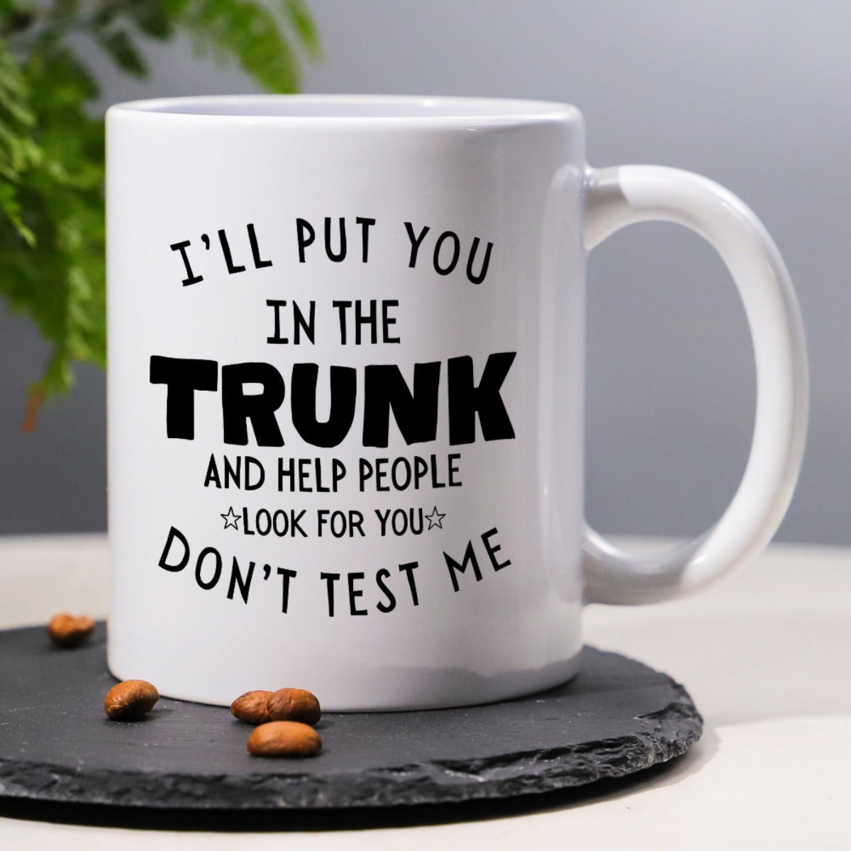 1pc 11oz Ceramic Coffee Mug with Funny Saying "I'll Put You in the Trunk & Help People Look for You" - Novelty Humor Gift, Dishwasher Safe White Mug with Black Lettering for Kitchen, Office & Home Use, Coffee Lover Gifts, Pla