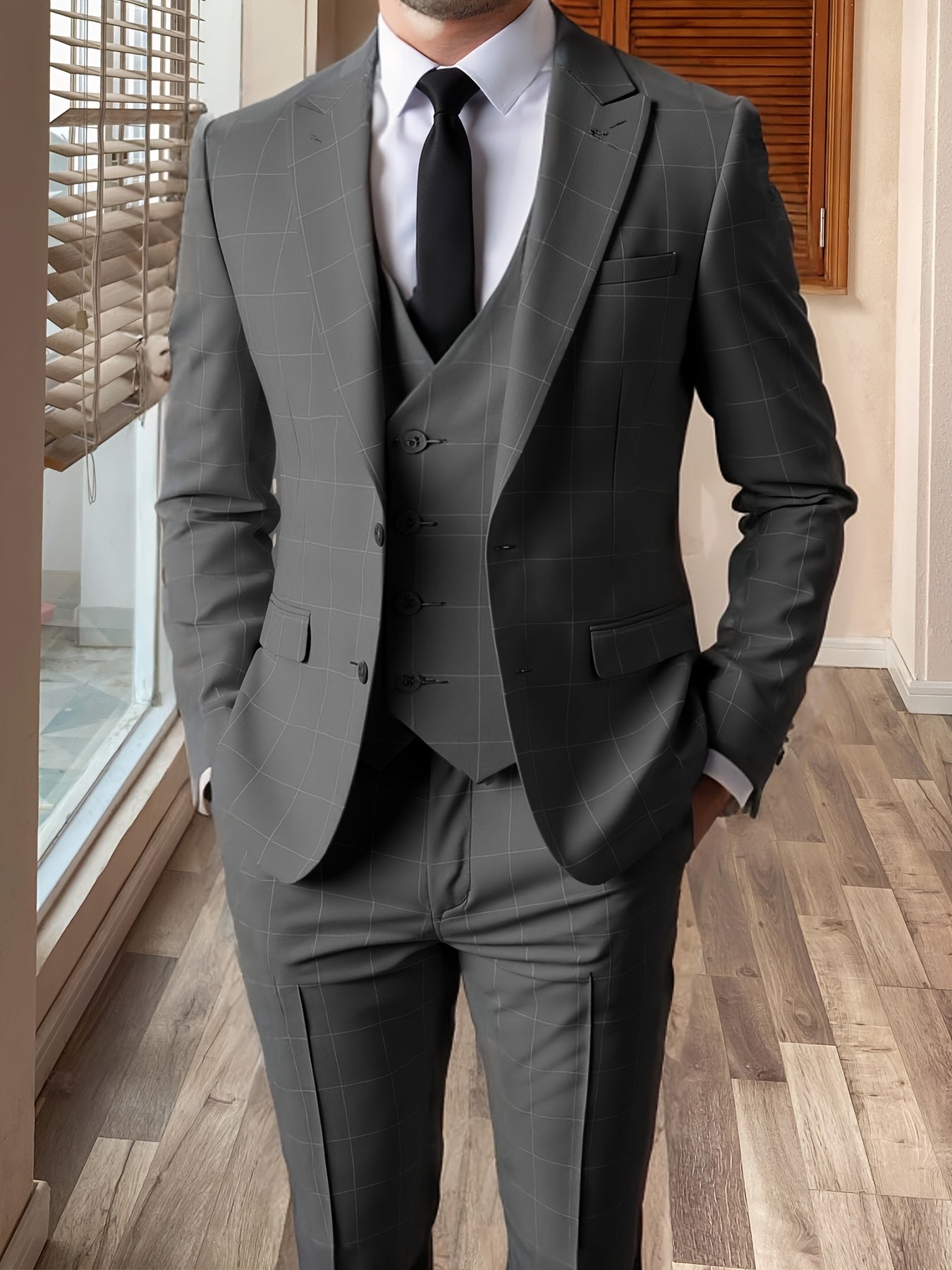 Men'S 3pcs Plaid Suit Formal Wedding Party Event Vintage Western Suit Casual Business Workwear Dress Suit