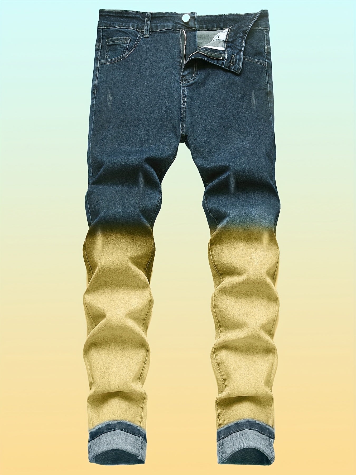 Men's Slim Fit Distressed Denim Jeans with Golden Accents - Stretchy Comfort, Machine Washable, All-Season Casual Wear for Teens & Young Adults, Versatile Pants, Fashionforward Design, Quality Stitching, Stylish Trousers, Urb
