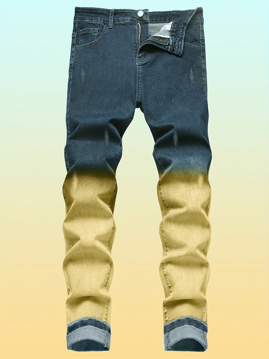 Men's Slim Fit Distressed Denim Jeans with Golden Accents - Stretchy Comfort, Machine Washable, All-Season Casual Wear for Teens & Young Adults, Versatile Pants, Fashionforward Design, Quality Stitching, Stylish Trousers, Urb