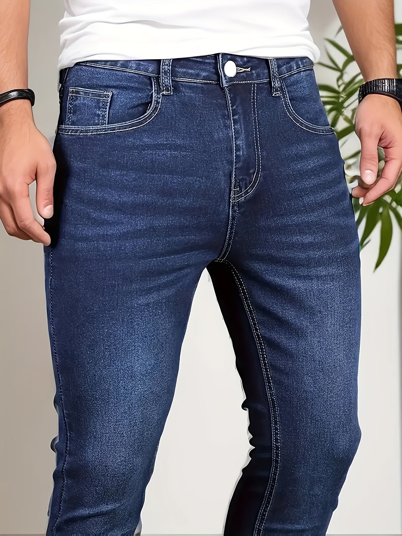 Men'S Slim-Fit Stretch Denim Jeans - Mid-Rise Casual Street Style, Light Wash, Mid-Stretch Comfort Fit for Casual Attire, Versatile Jeans|Slim Fit Jeans|Washed Jeans