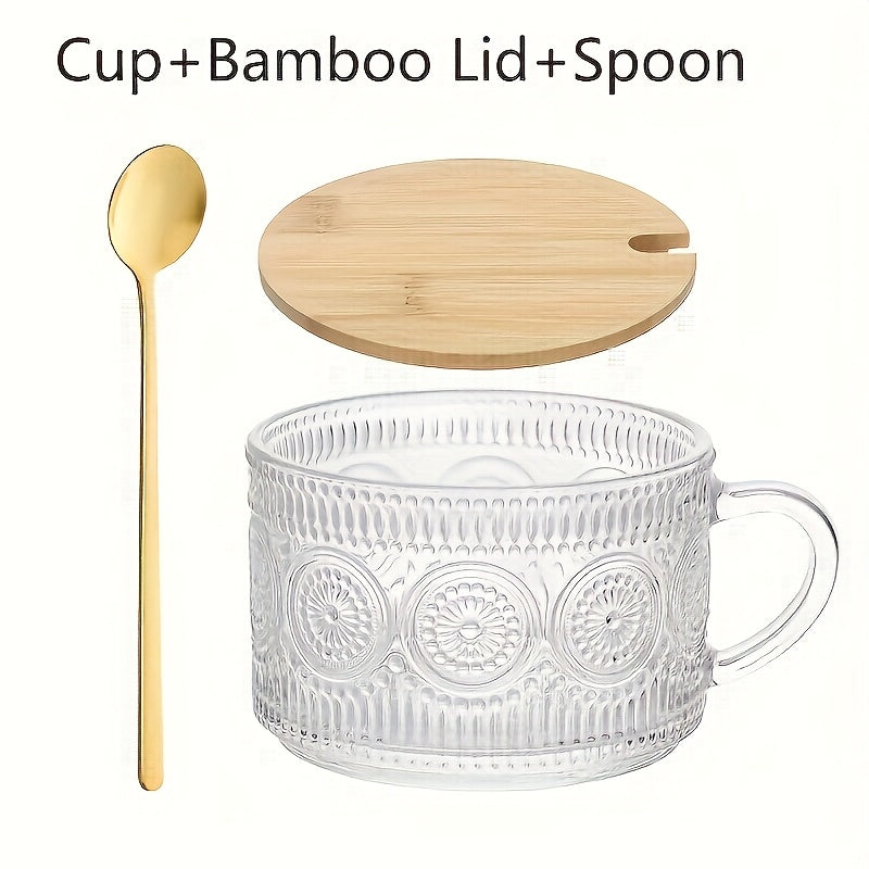 [Retro Coffee] Set Of 4 450ml/15.2oz Retro Coffee Cups | Transparent Embossed Glass Cups | Bamboo Lids And Spoons | Cute Coffee Bar Accessories, Iced Coffee Cups, Suitable For Cappuccino, Latte, Overnight Oat Containers