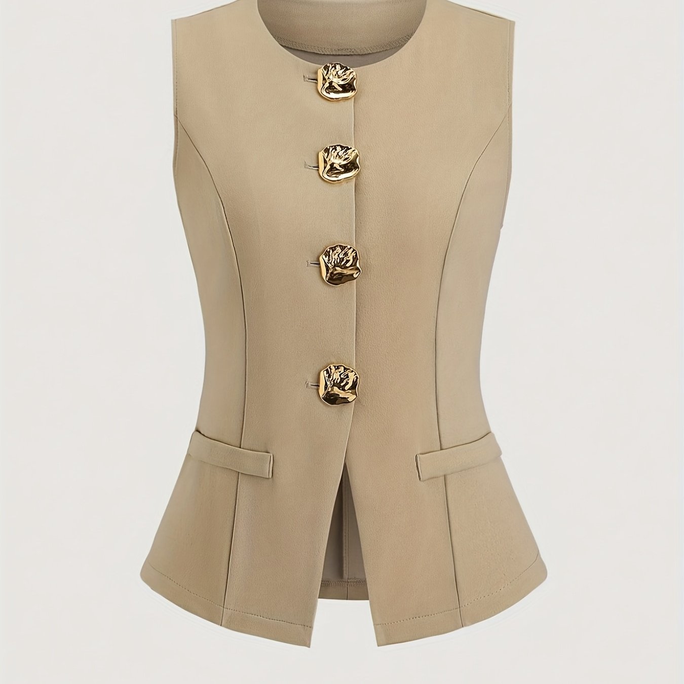 Women's French Chic Blazer - Sleeveless coat with Metallic Buttons, Structured Black Jacket for Business, Formal Events - Machine Washable Women's Professional Outerwear, Seasonal Wardrobe Staple, Office Wear, Elegant Style,