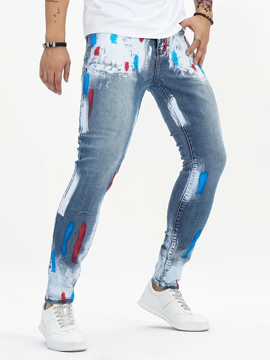 [HME] Fashionable Street Style Casual Faux Denim, with A Strong Sense Of Paint Splash Design, Colorful Graffiti Trendy Retro, Elastic Fabric That Can Be Machine Washed, Mid-waist Slim Slim Straight Cut, Hip-hop High Street Me