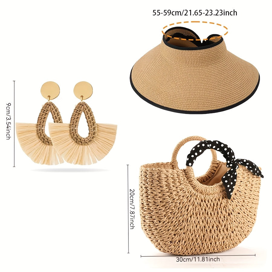 3pcs Women'S Beach Fashion Set, Sun Hat, Beach Hat, Beach Bag, Handbag, Earrings, Ear Jewelry, Women's, Suitable For Outdoor Beach Travel Scenarios.