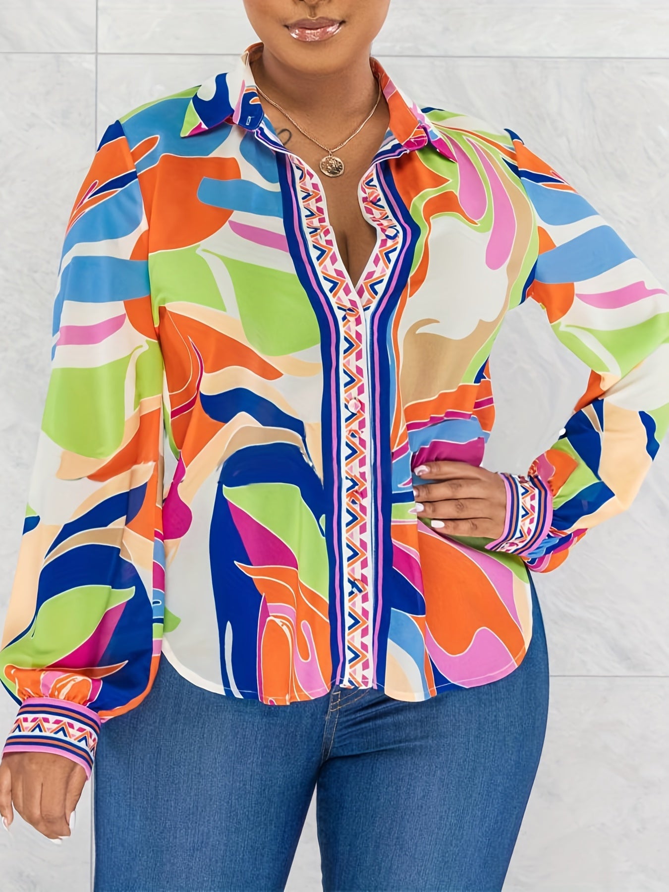 Casual Long Sleeve Abstract Print Button Front Shirt, Women's Collar Clothing