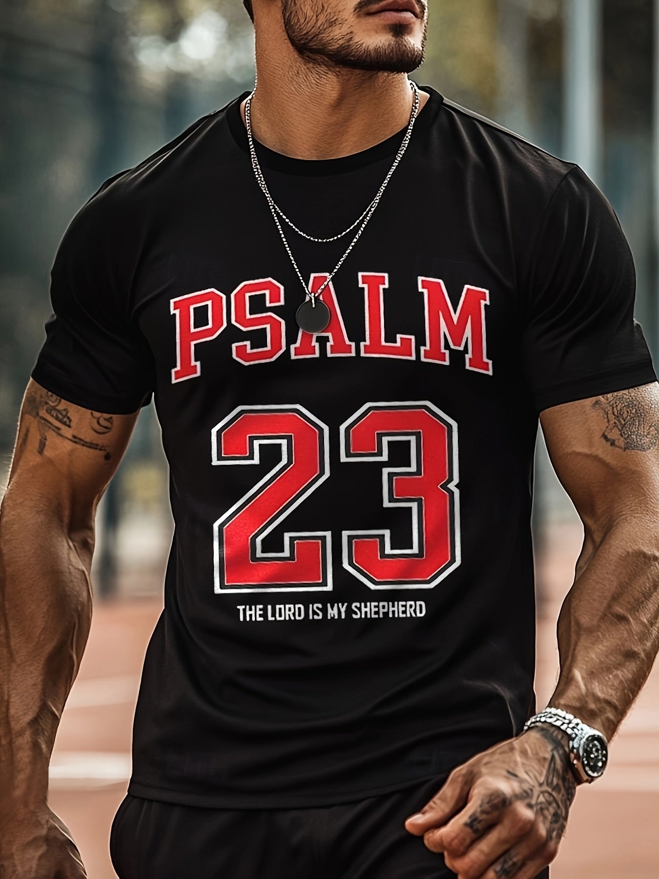 Men's Black Short-Sleeve T-Shirt - "Psalm 23: The Lord is My Shepherd" Print, Casual Polyester Knit, Comfort Fit for Summer Outdoor Activities