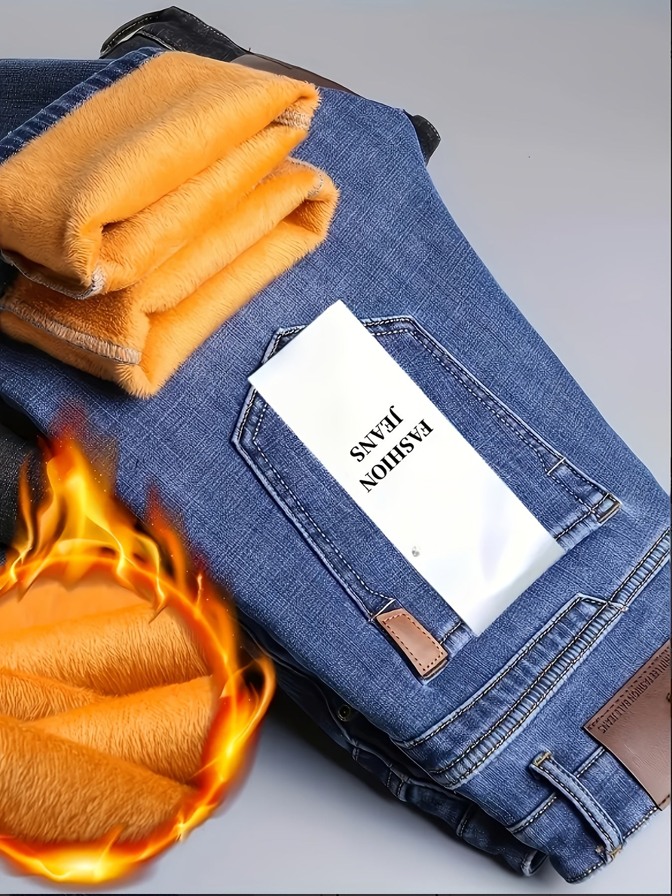 HME Men's Thermal Insulated Fleece-Like Faux Denim - Heavy-Duty Winter Pants with YKK Zipper Closure, Mid-Rise Straight-Leg Fit, Windproof & Cold-Resistant Faux Denim Trousers for Business Casual & Casual Attire, Classic Blue
