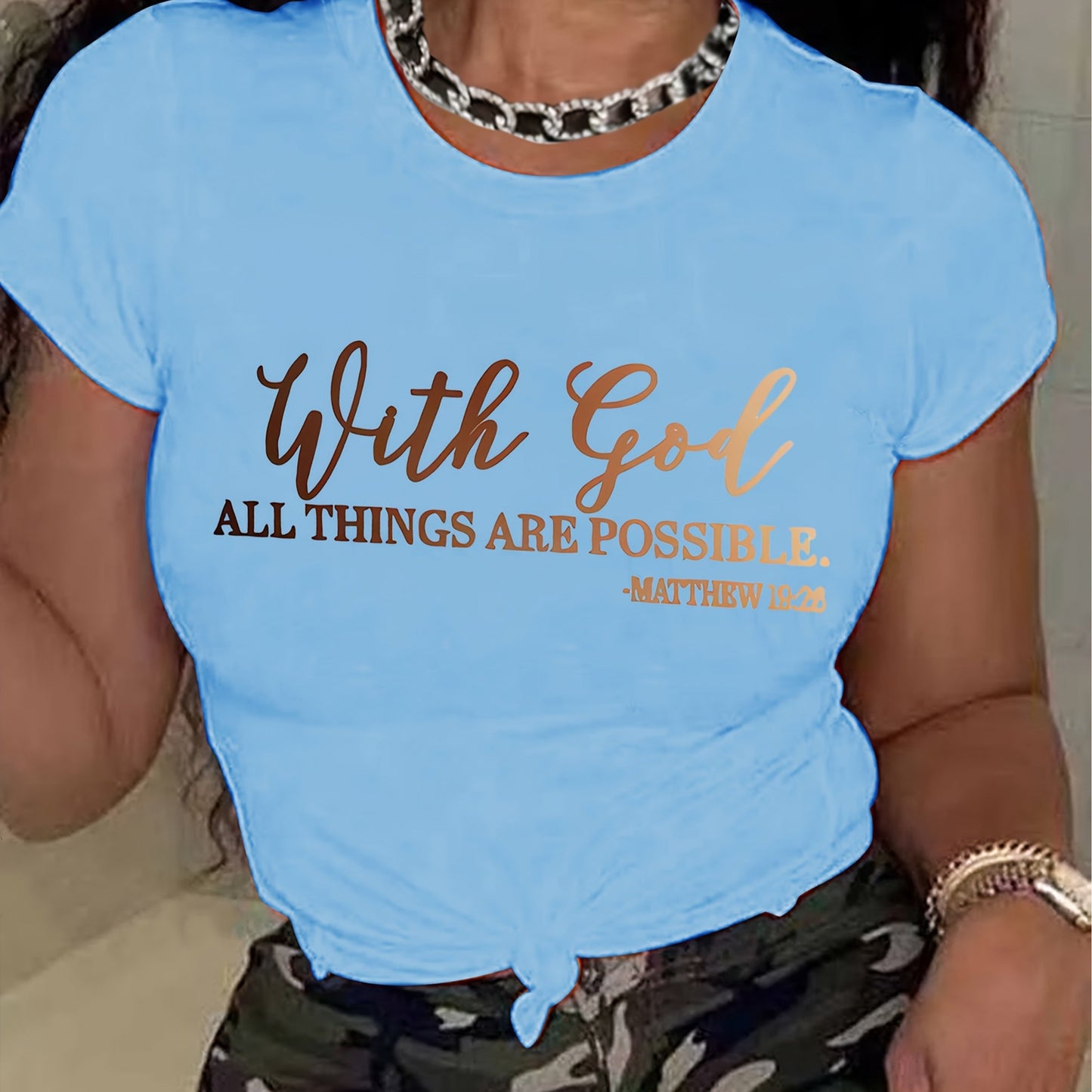 [Soft Christian Faith T-Shirt] Women's Soft Everyday Christian Faith T-Shirt | 'With God Everything is Possible' Bible Verse (Matthew 26:4) | Light Blue Casual Top for Church, Everyday Outfits | Machine Washable, Durable, Com