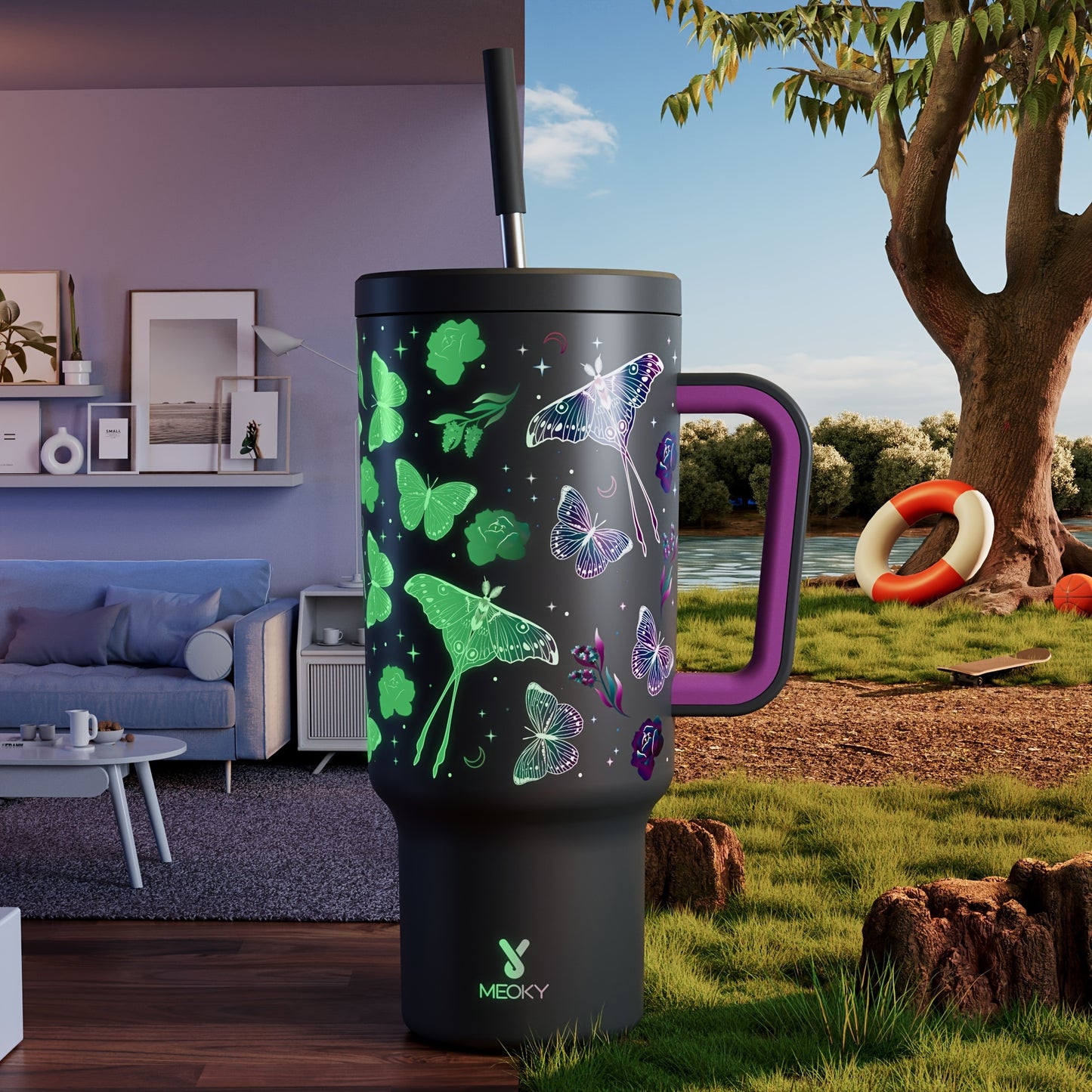 Meoky 40oz Insulated Stainless Steel Water Bottle - Vibrant Butterfly Design, Keeps Drinks Hot/Cold for Hours, with Lid, Straw & Handle - Ideal for Outdoor Activities, Camping, Hiking, Car Travel - Perfect Easter Gift