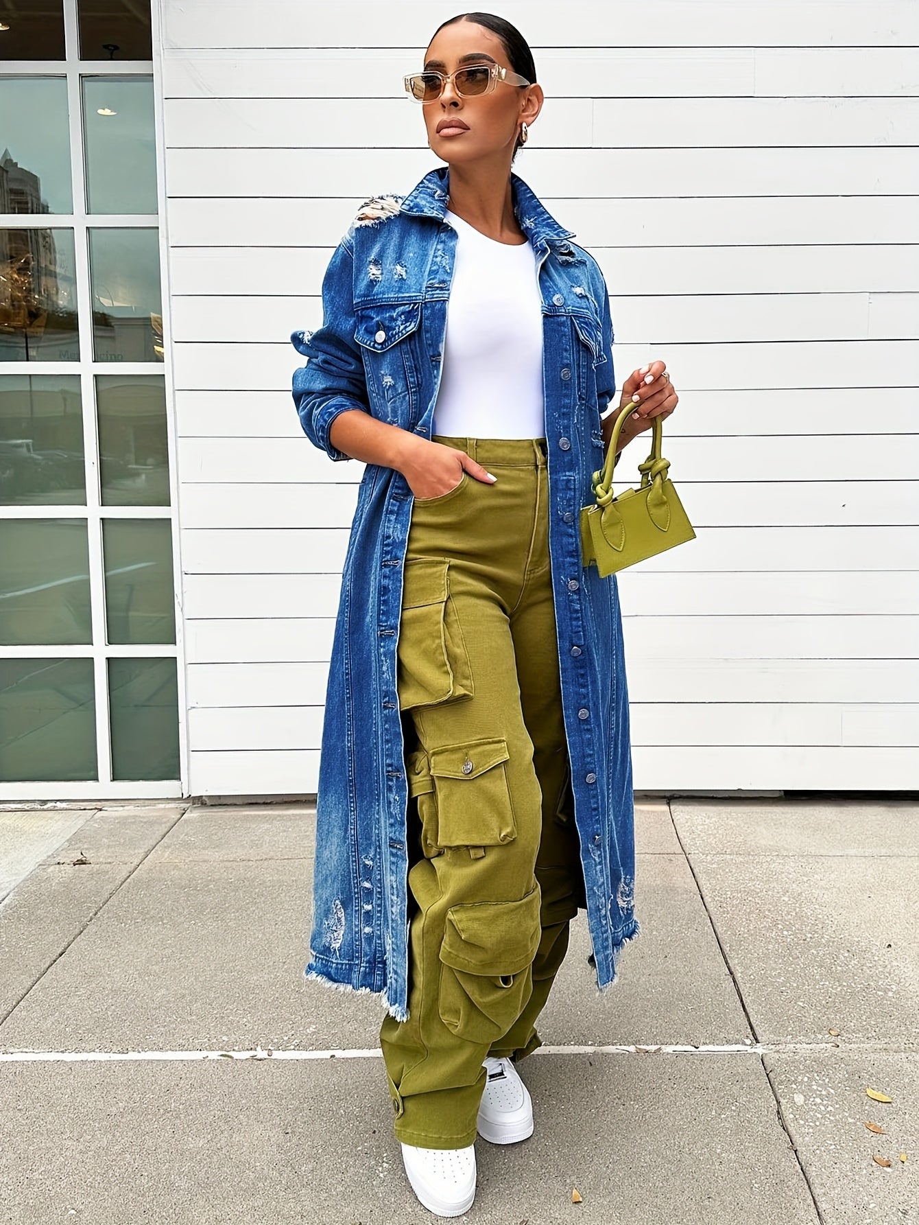 Broken Hole Long Denim Jacket, Women'S Denim Trench Coat Jacket, Real Pocket