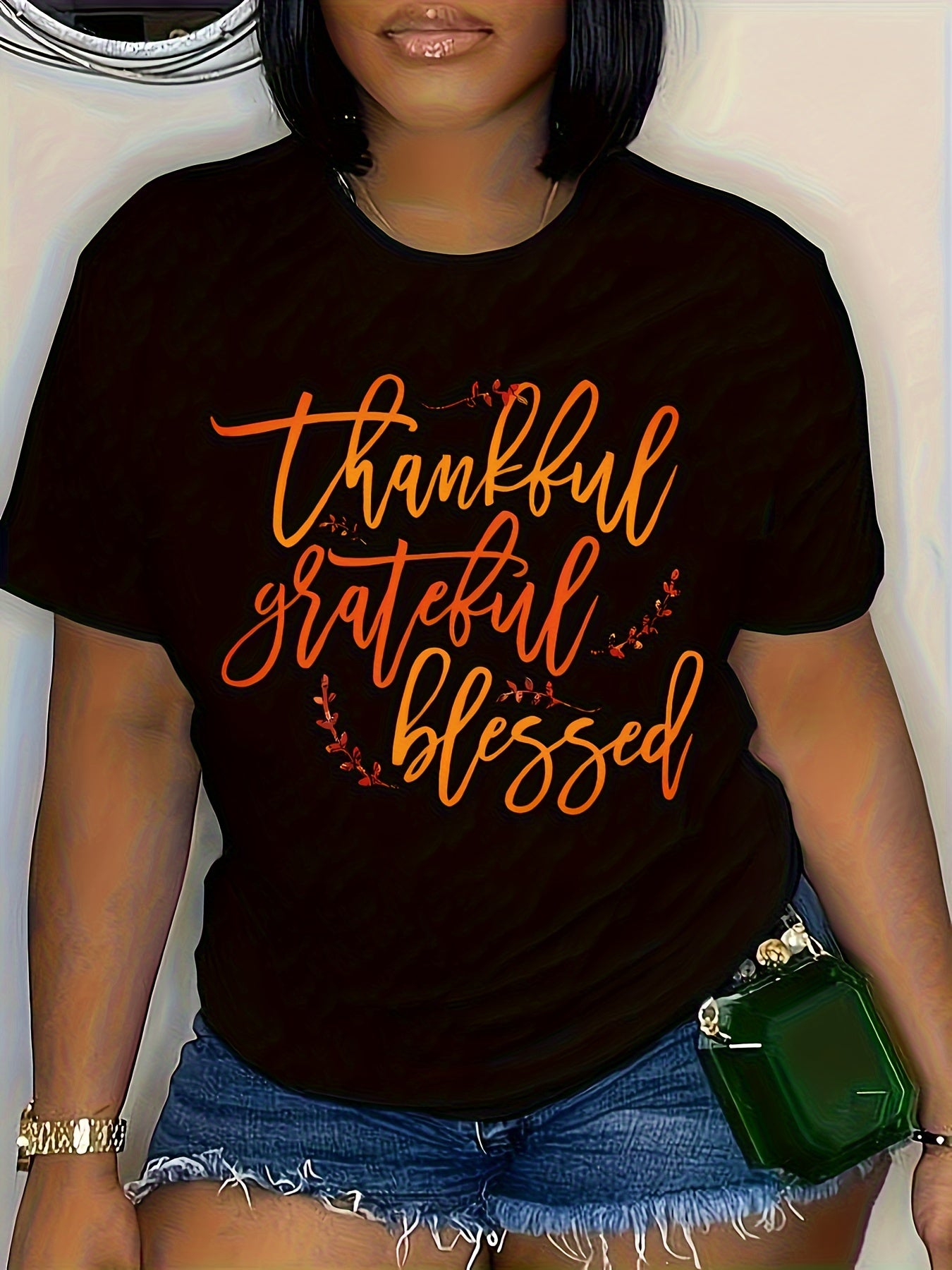 Plus Size Thankful Print T-Shirt, Casual Crew Neck Short Sleeve Top For Spring & Summer, Women's Plus Size Clothing