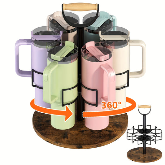 1pc Rotatable Cast Iron Cup Holder Organizer for Tumbler with Handle - Non-Slip Wooden Base, 360° Swivel, Carbon Steel Rack, Kitchen & Living Room Cup Storage Accessory