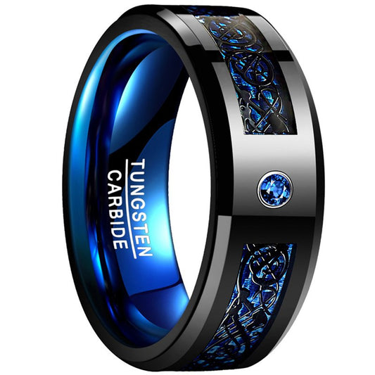 [Carbon Fiber Ring] Blue Carbon Fiber Tungsten Ring | 8Mm Wide Inlaid Black Dragon Pattern Men's USA Size 7-14, Without Battery