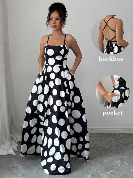 Women's Elegant Black & White Polka Dot party dress - Off-Shoulder, A-Line Formal gown with Side Tie Back, Lightweight Machine-Washable for Prom, Gala, Evening Events - Elegant Women's Formal Attire, Dresses for Party, Gala A