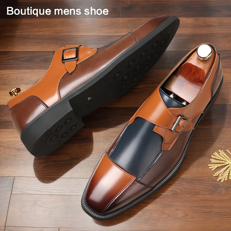 Men's Fashionable Color Block Dress Shoes - Stylish Business Casual Oxfords with Square Toe, Double Monk Straps & Heel Buckle, Versatile for Casual Attire