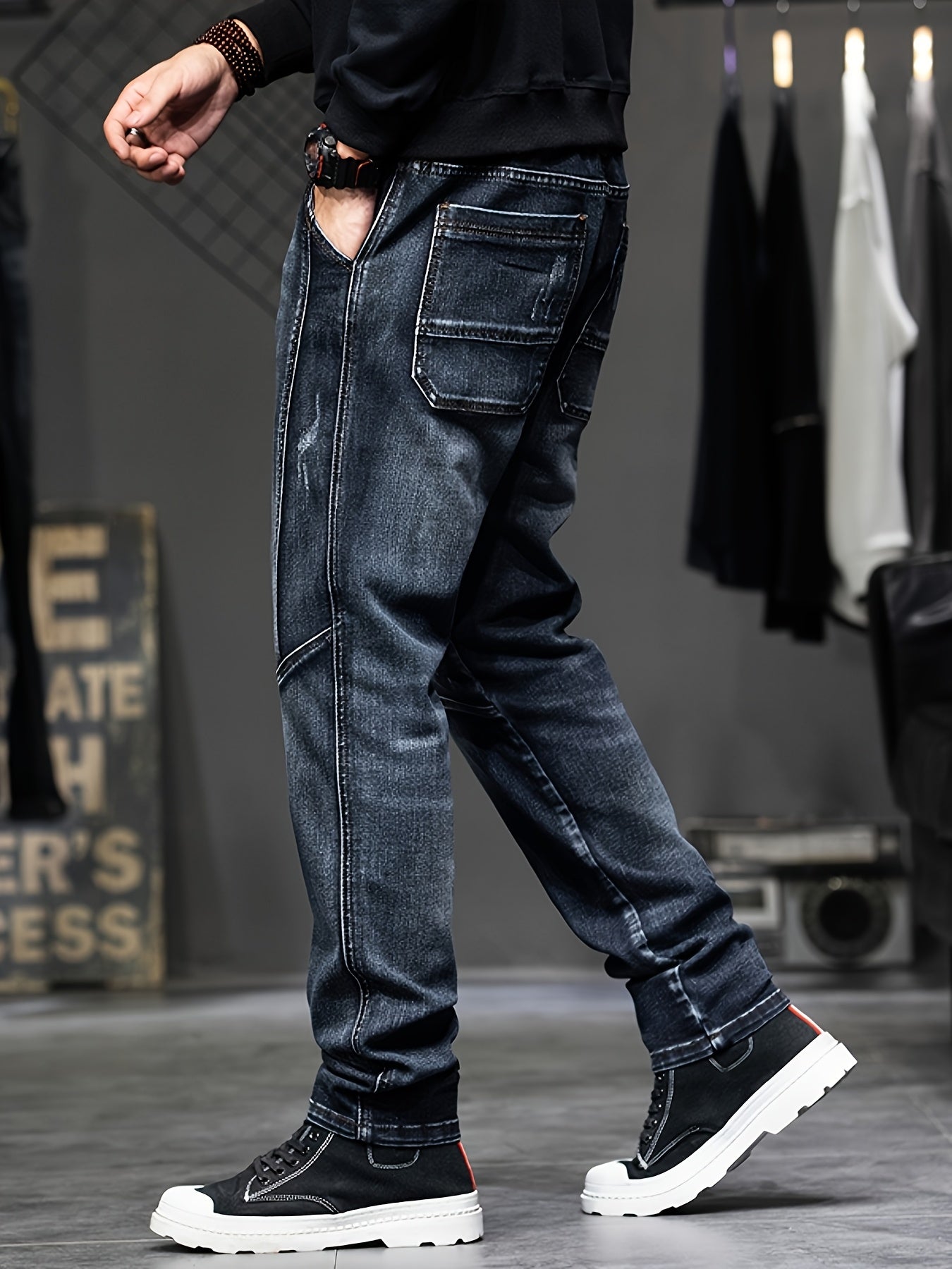 Men'S Slim-Fit Embroidered Denim Jeans with Adjustable Drawstring Waist - Stretch Straight-Leg Pants for Fall/Winter, Casual Casual Attire, Light Blue Washed Design, Comfortable Fashion, Fashionable Casualwear, Durable Fabric