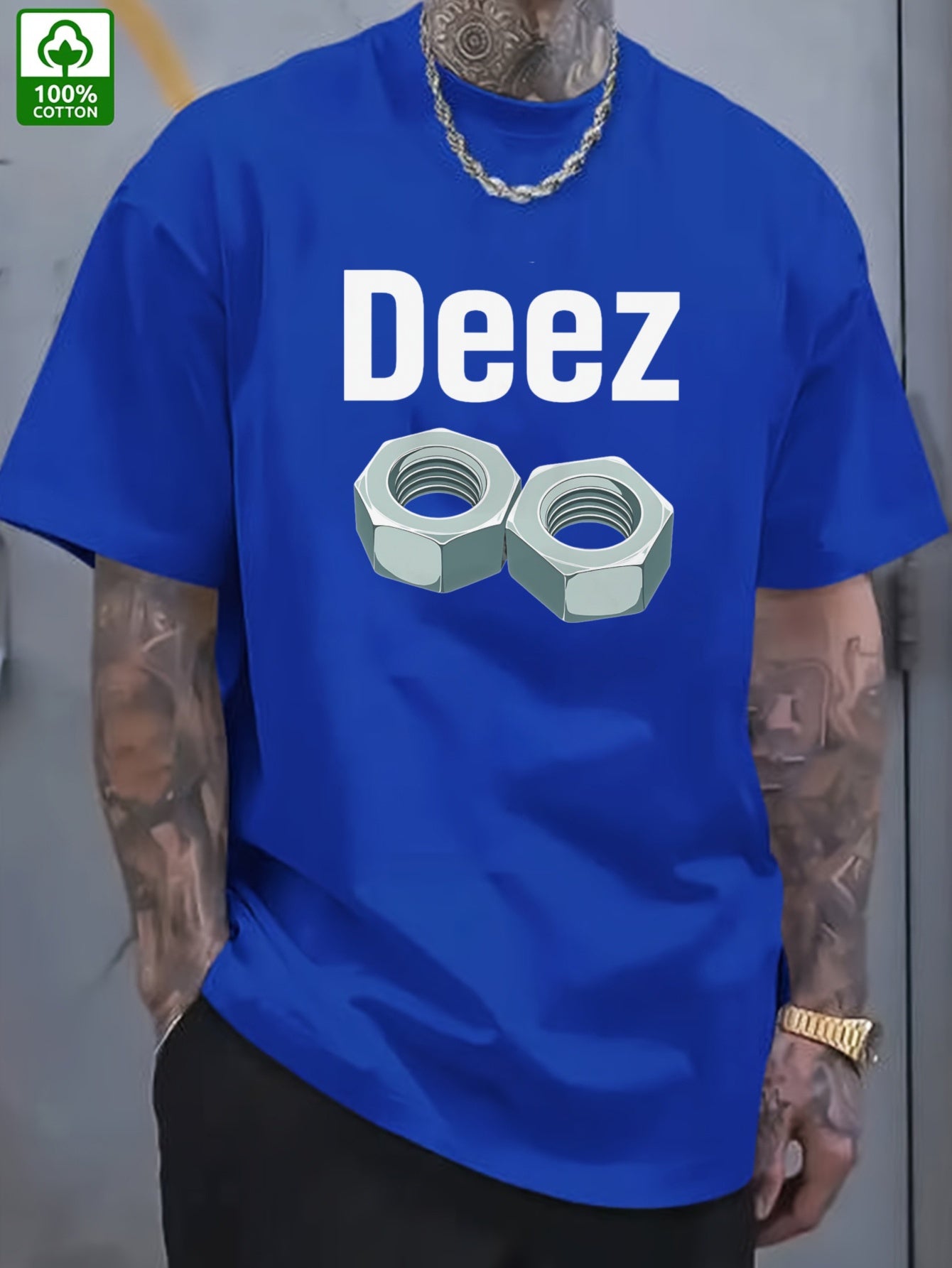 Men's Casual Loose Fit Round Neck T-Shirt - White Tee with Bold "Deez" Text & Nut Graphics, Machine Washable Streetwear Top for Everyday Comfort