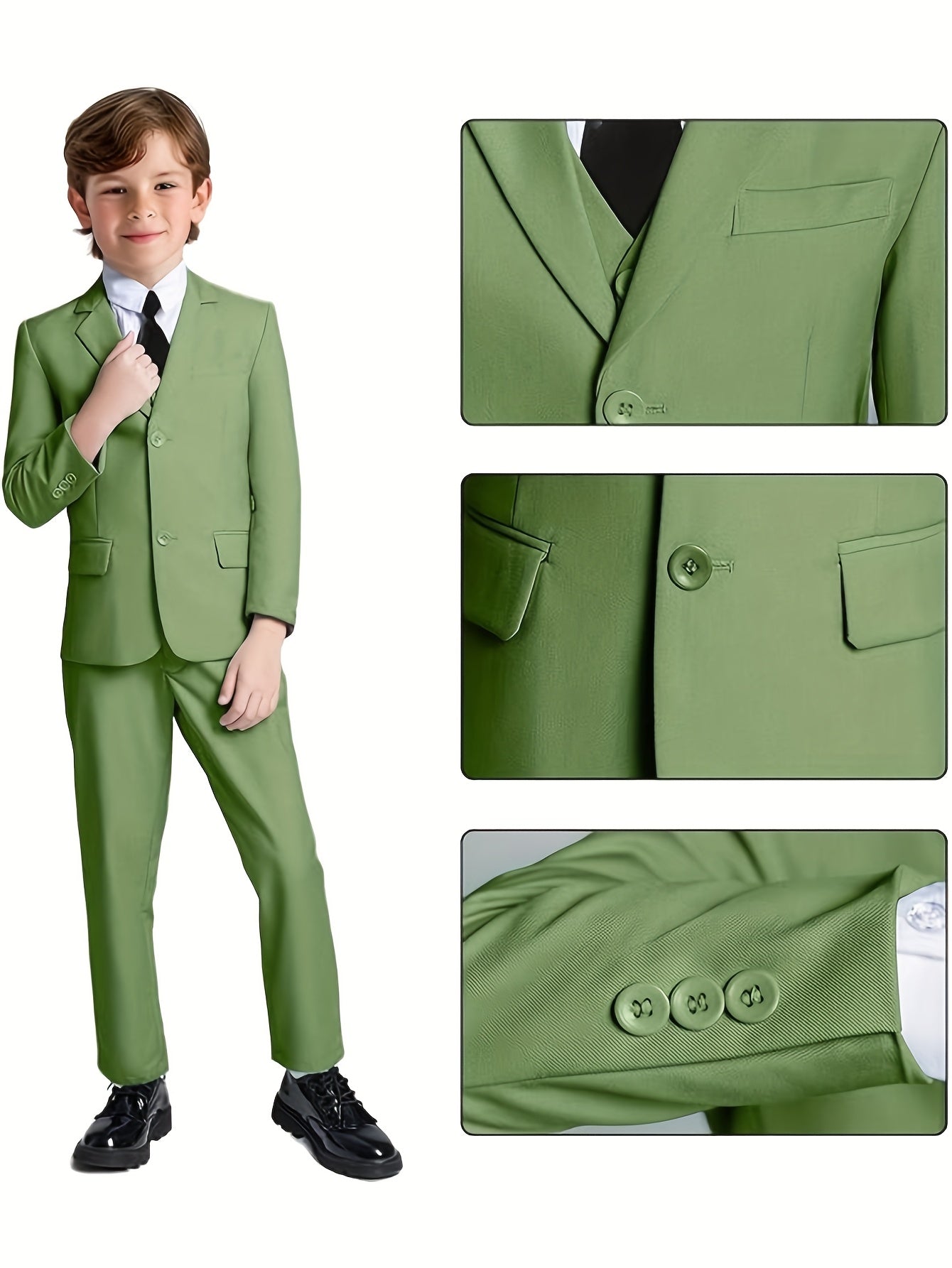 Boys' 3-Piece Suit Set: Slim-Fit Solid Green Jacket, Vest & Pants with Pockets - All-Season Formal Party Wear, Long Sleeve, Regular Sleeve Design, Formal Attire for Boys, Party Attire, Classic Lapel Collar, Durable Fabric