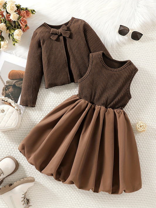 ' Elegant Two-Piece Set for Spring and Autumn: Long-Sleeve Thin Coat with Bow Neckline + Vest-Stitched Bubble Bud Dress, Perfect as a Fall Gift Party Outfit or Casual Wear, Daily Leisure Wear, Spring Outing Attire, Feminine F